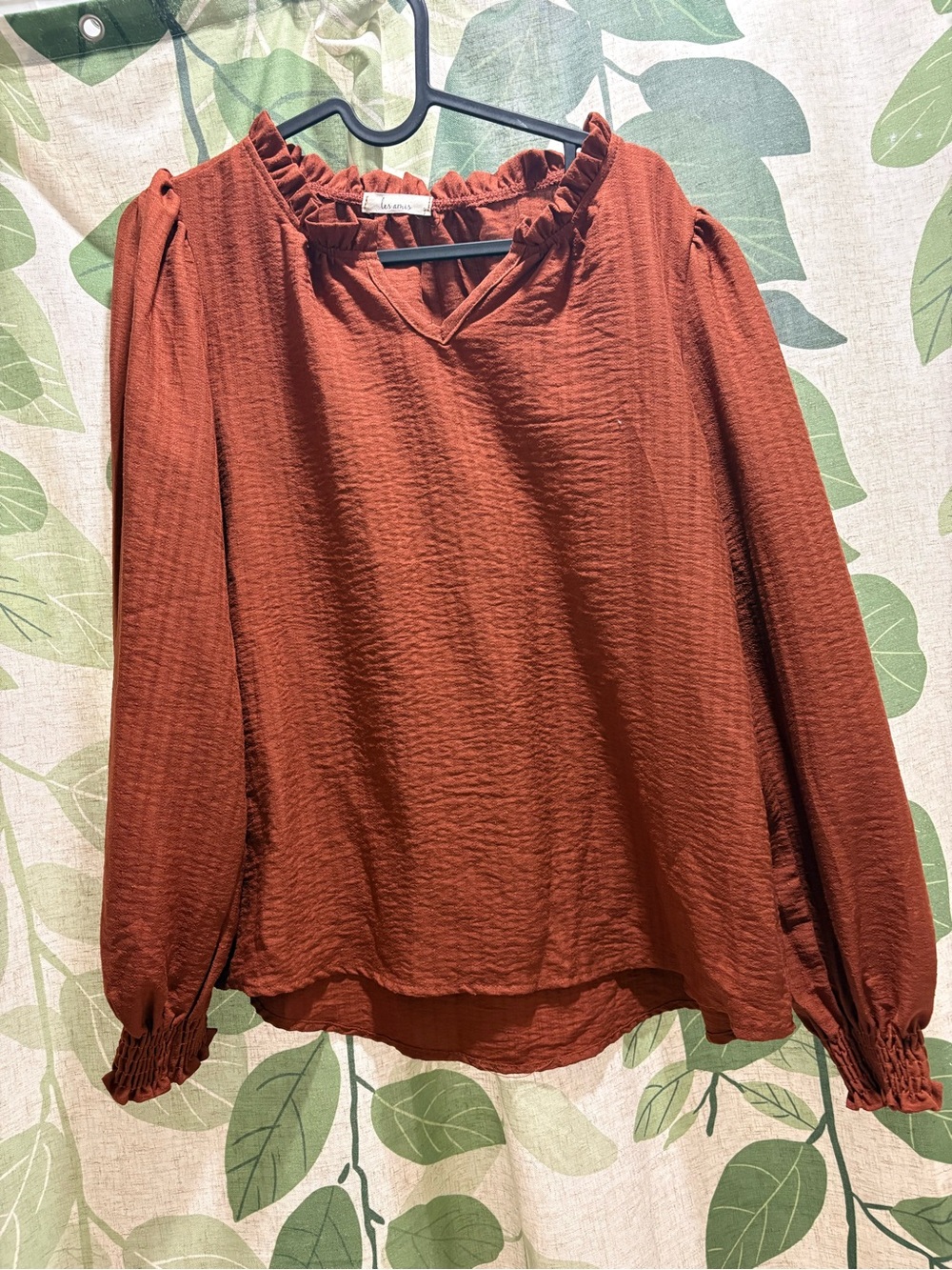 Women's Ruffle-Neck Long Sleeve Blouse - Rust